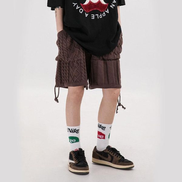

men's summer knitting pocket sports shorts male streetwear hip hop vintage fashion casual drawstring cargo loose regular, White;black