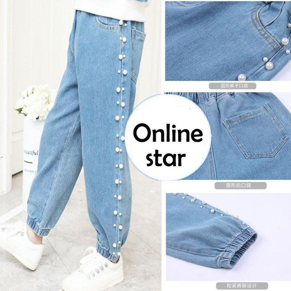 

jeans 2021 summer baby girls cloth blue for kids pearl teenager denim pants toddler loose trousers 3 6 7 8 9 10 11 12 years
