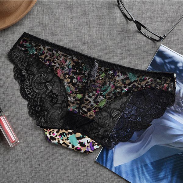 

2Pieces/Lot Large Size Women Panties Underwear Ice Silk Leopard Big Size Briefs Sexy Lace Plus Size Transparent Sexy Lace Panties Female XxL, Black