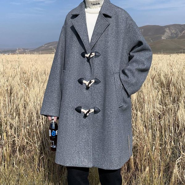 

men's trench coats mid-length woolen coat oversize loose casual retro business clothes straight trend windbreaker autumn winter jacket, Tan;black
