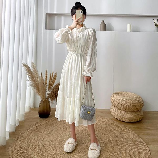 

casual dresses autumn women's dress 2022 spring french style cute long sleeve solid lace elastic stand neck high waist robe, Black;gray