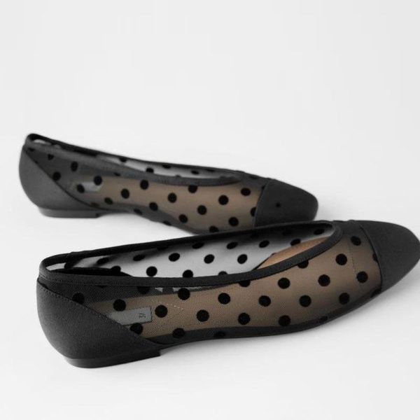 Meriahzheng Shoes с низкой каблукой с низкой нарезанной черной точкой Mary Jane Fairy Style Tulle Flat FCH-35 тапочки