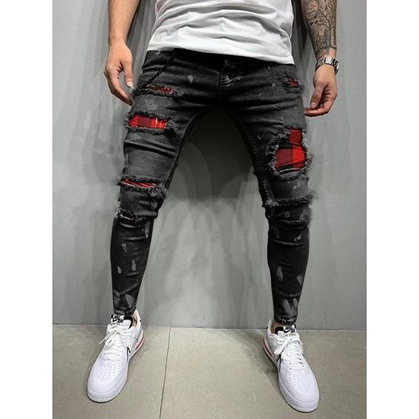 

men's ripped jeans fashion grid beggar patches slim fit stretch casual denim pencil pants jumbo hip hop size s-4xl, Blue