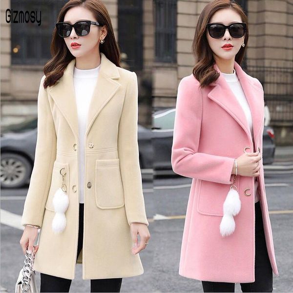 

women's wool & blends 2021 autumn winter women fashion medium length woolen coat female slim jacket thick long plus size ca3303, Black
