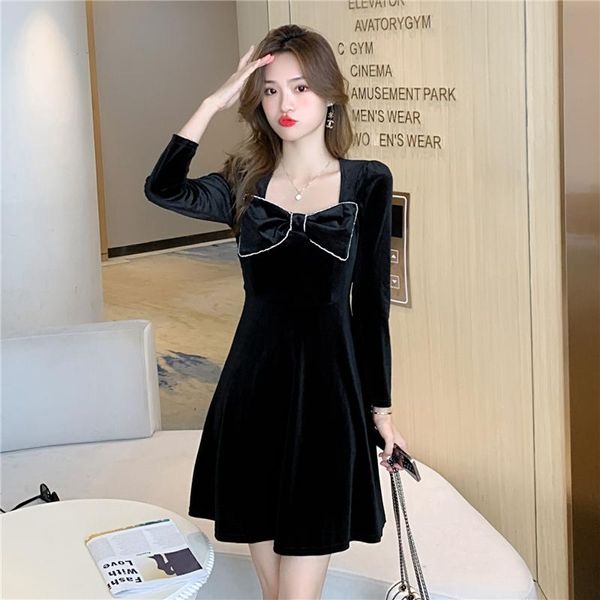 

casual dresses women one piece dress winter 2022 office lady korea style long sleeve solid high waist zipper robe, Black;gray