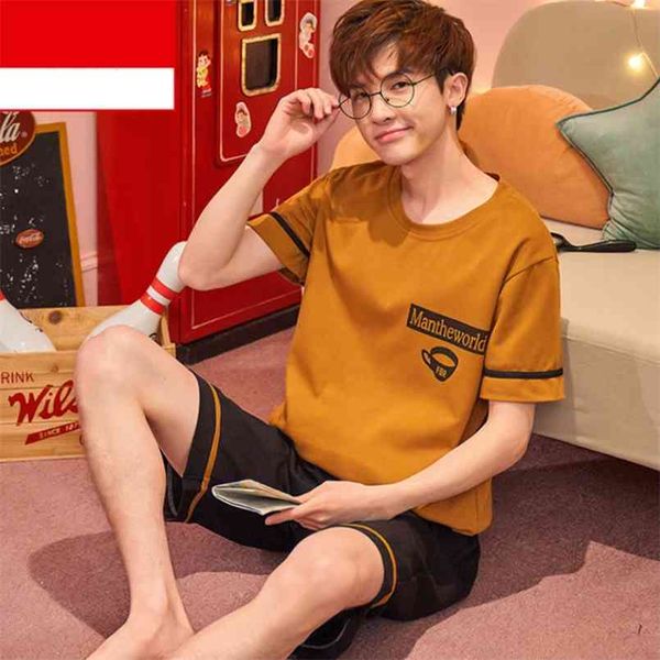 

summer nightgown pajamas suit short sleeve sleep set men o-neck nightwear t-shirt pants nighty pijamas robe nighties homewear 210812, Black;brown
