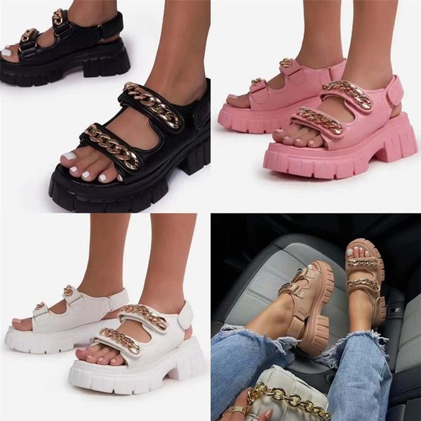 

women plus size sandals summer shoes slippers chains pu patent leather flat heel thick-soled gladiator hook & loop solid color comfortable h, Black