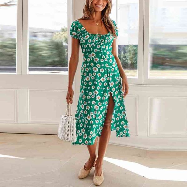 

casual dresses short sleeve square collar dasiy printed flower split a-line summer mid elegant female vestidos spzi, Black;gray