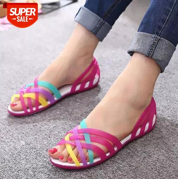 

new summer jelly sandals women flat sandals peep toe beach shoes rianbow ladies slides candy rainbow flats sandalia feminina #rl0t, Black