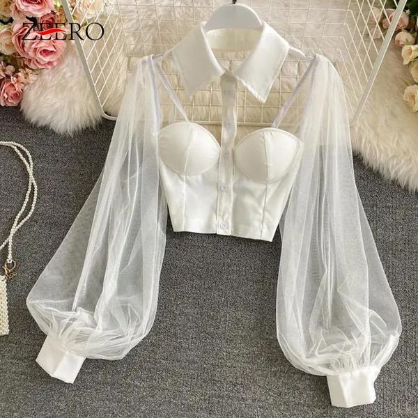 

women's blouses & shirts spring woman strapless net yarn lantern sleeve single-breasted high waist backless short blouse women but, White