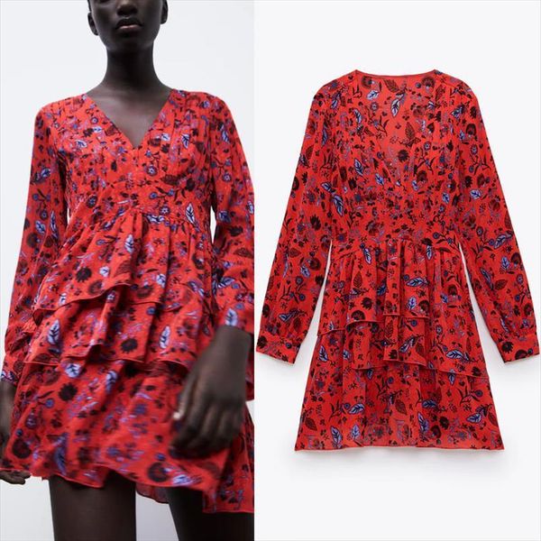 

za ruffled print red mini womens dresses long sleeve elegant party woman chic flounced hem interior lining vestido, Black;gray