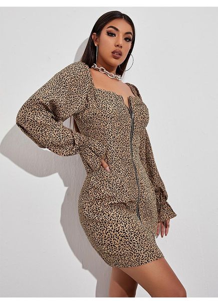 

casual dresses women robe femme leopard print pencil zipper square collar long sleeve slim dress for woman clothing vestiod de mujer, Black;gray
