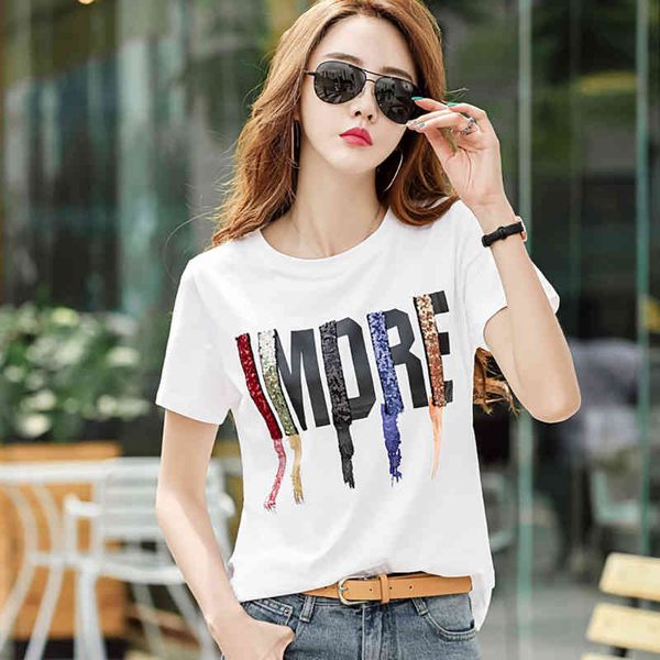 

women's t-shirt female sequin shirt, korean cotton t-shirt for summer a8co, White
