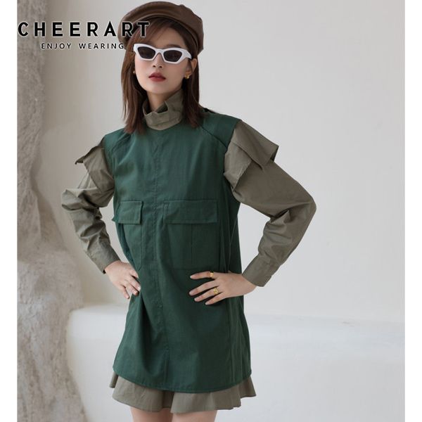 

autumn turtleneck long sleeve dress women vintage green fake 2 piece mini fashion designer clothing 210427, Black;gray