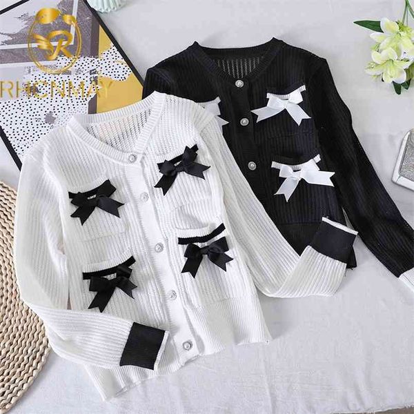 

fashion elegant summer korean sweater knitted cardigan women's short bow pocket jacket 210506, White