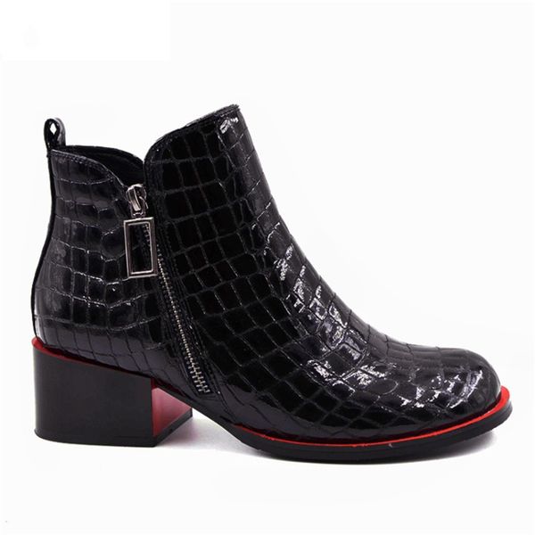 

chic women boots genuine leather ankle shoes woman winter square toe block heels crocodile print boots female botas mujer 210507, Black