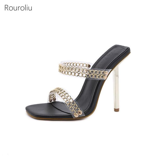 

slippers 2021 brand metal chain transparent women summer square toe stiletto shoes female high heel casual slides, Black