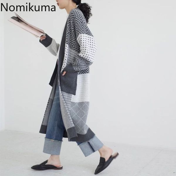 

nomikuma contrast color long cardigan women v neck vintage fashion sweater female arrival open stitch ropa mujer 3c512 210514, White;black
