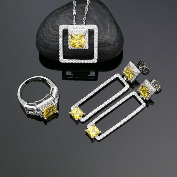 

wedding jewelry sets 925 silver for women yellow cubic zirconia white crystal earrings pendant ring necklace set, Slivery;golden