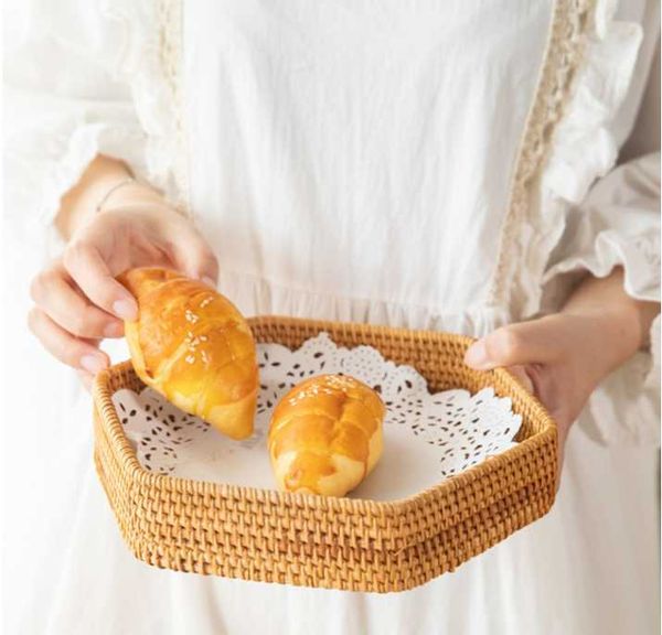

kitchen storage & organization rattan tea box handwoven tray basket bread food plate fruit cake platter dinner serving 22cm 25cm