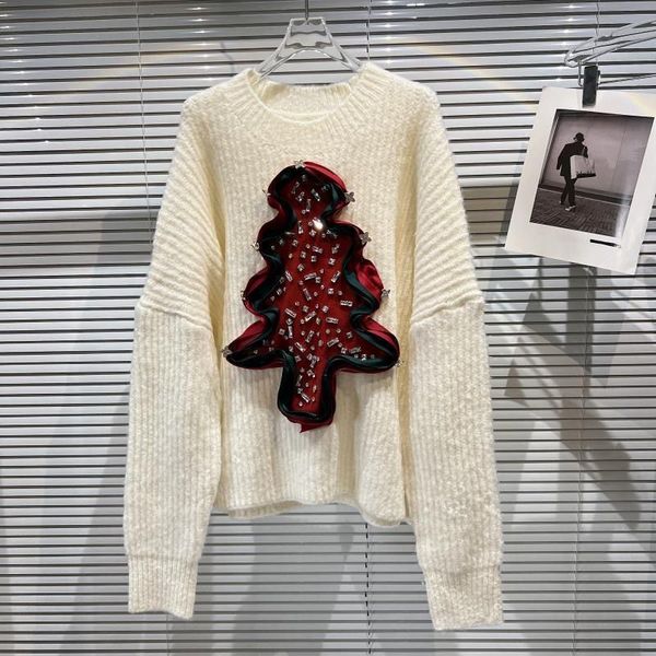 

2021 new casual street christmas tree knitted sweater autumn winter loose o-neck warm pullover sweater women, White;black