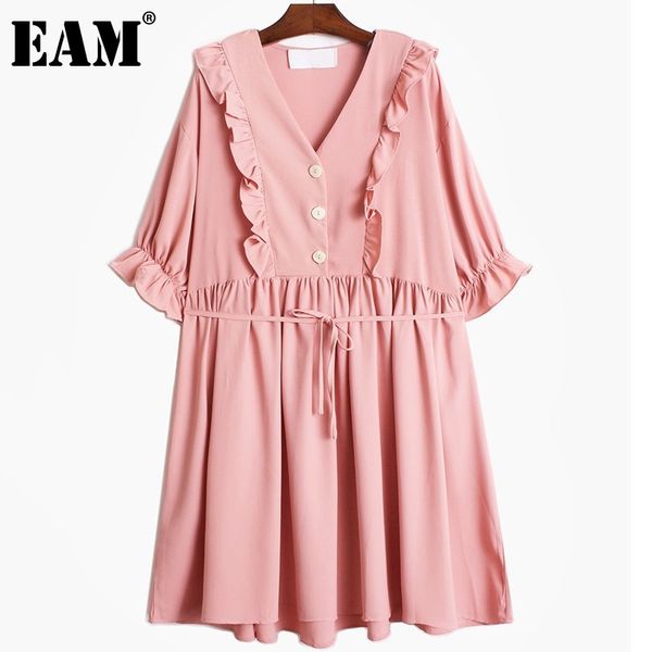 

[eam] women big size casual ruffles pleated sashes dress v-neck short sleeve loose fit fashion spring summer 1dd8585 21512, Black;gray