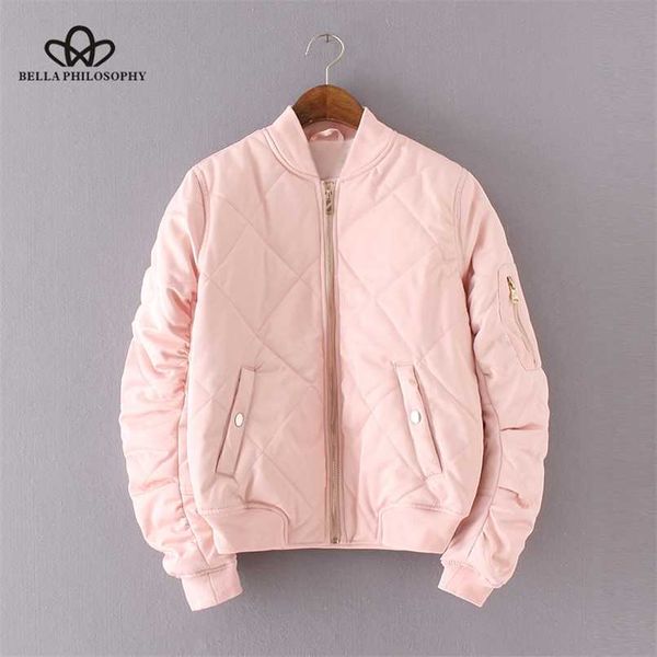 Bella Primavera Outono Quilting Bomber Jacket Mulheres Casaco Zipper Longo Manga Jaqueta De Algodão Pink Pink Outwears 211109