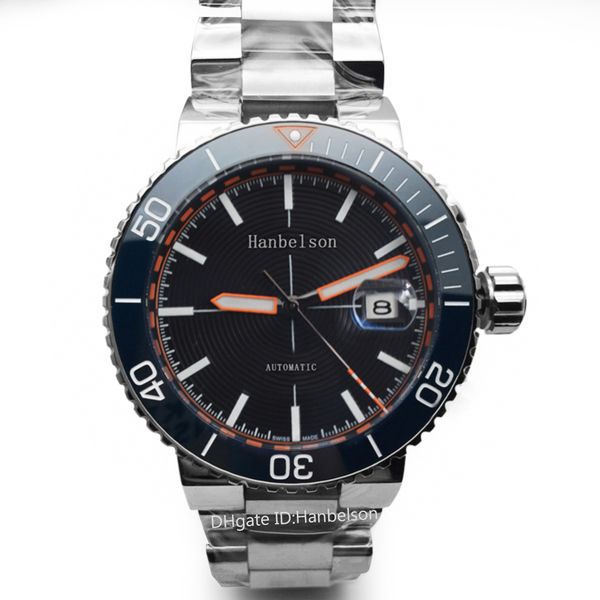 Relógios masculinos Montre De Luxe cinza titânio Relógios de pulso Movimento automático Mostrador preto Pulseira de metal Escala laranja Hanbelson