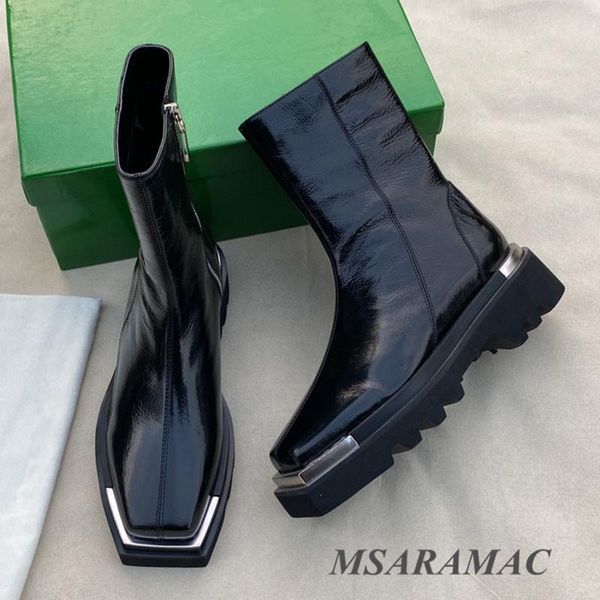 

boots fashion punk style metal decoration plush motorcycle leather square toe warm ankle street ladies short, Black