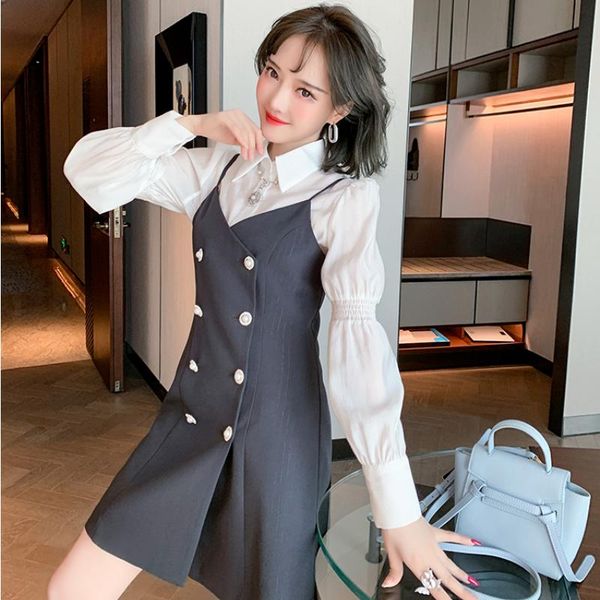 

casual dresses awarose sling button slim high waist mini dress for women long sleeve white two piece 2021 summer fashion elegant party, Black;gray
