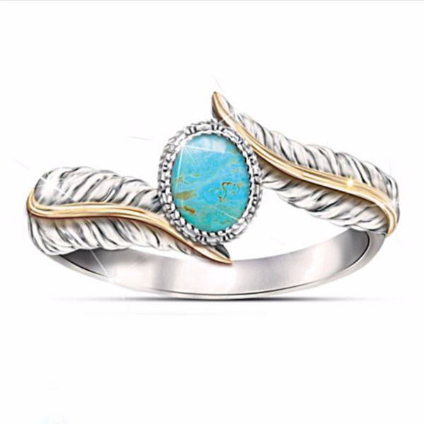 

luxury turquoise feather ring new platinum color separation engagement ring jewelry, Slivery;golden