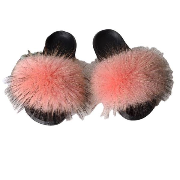 

slippers 6556+56 women's shoes summer wear one-word fur sandals flat soles and non-slippery real mink, Black