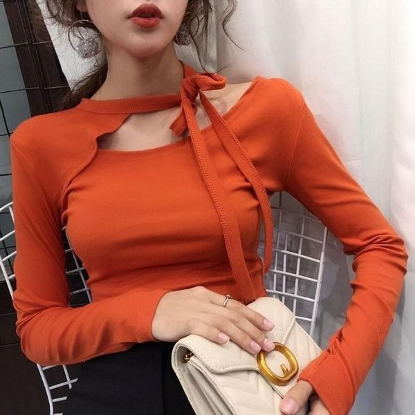 

women's t-shirt design sense irregular bandage hollow out solid color long sleeve autumn winter slim y2k aesthetic women, White