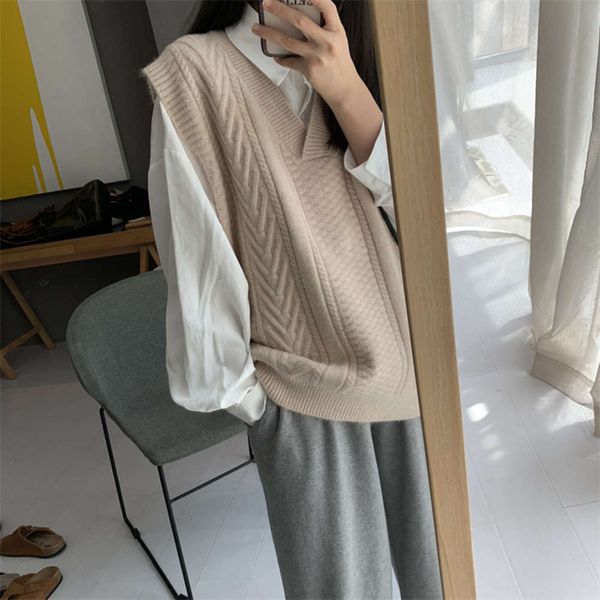

texture cashmere soft v-neck twist loose knitted vest wool autumn winter women, White