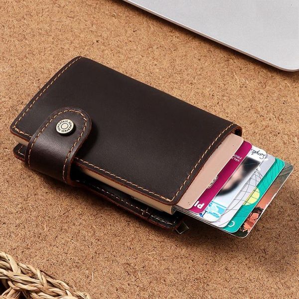 

card holders vintage business id case men leather wallet trifold money bag with coin purse, Brown;gray
