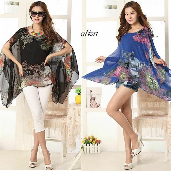 

fashion chiffon poncho women shirts kimono half sleeve floral cape top, White