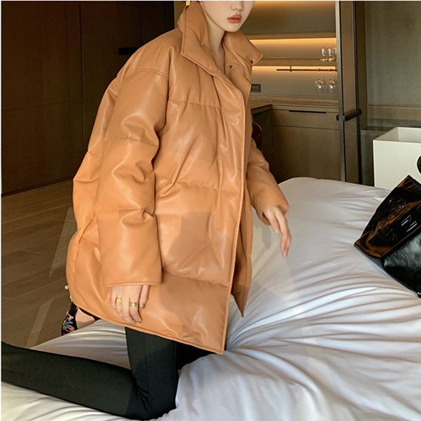 

down jacket women's wind and cold resistant loose pu leather fashion temperament warm white eiderdown short style, Black