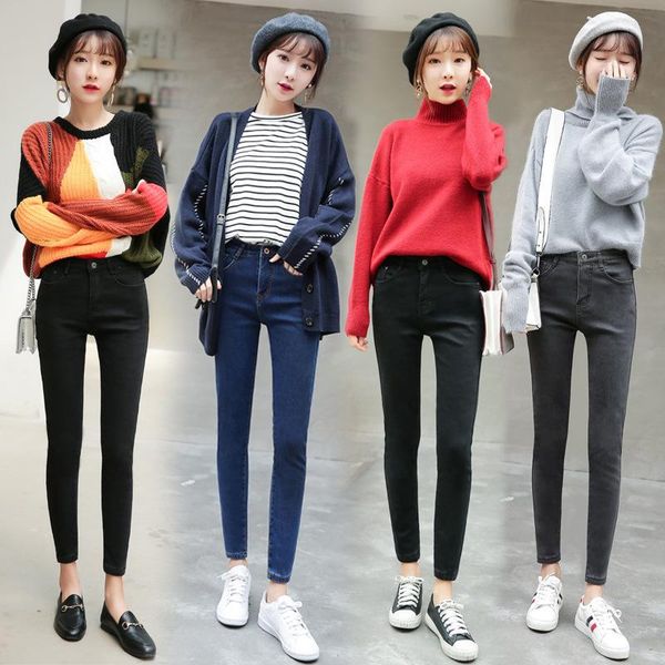 

women's jeans 2021 high waist plus velvet thick casual fashion, Blue