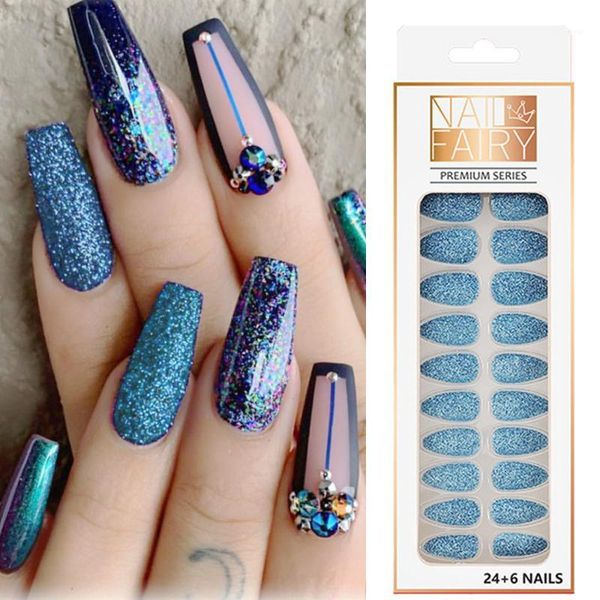 

24pcs nail glitter coffin fake nails powder decoration design wearable detachable false tips manicure1, Red;gold