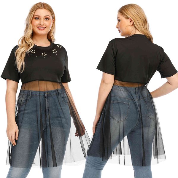 

women's plus size large cut out burnt flower mesh splicing t-shirt casual f200532
