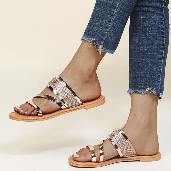 

slippers ladies casual flats woman footwear fashion plus size sandals summer pu shoes slides beach women rhinestone, Black