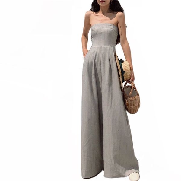 

off shoulder tube women summer korean style fashion retro elegant gray high waist slim jumpsuit female lr1198 210531, Black;white
