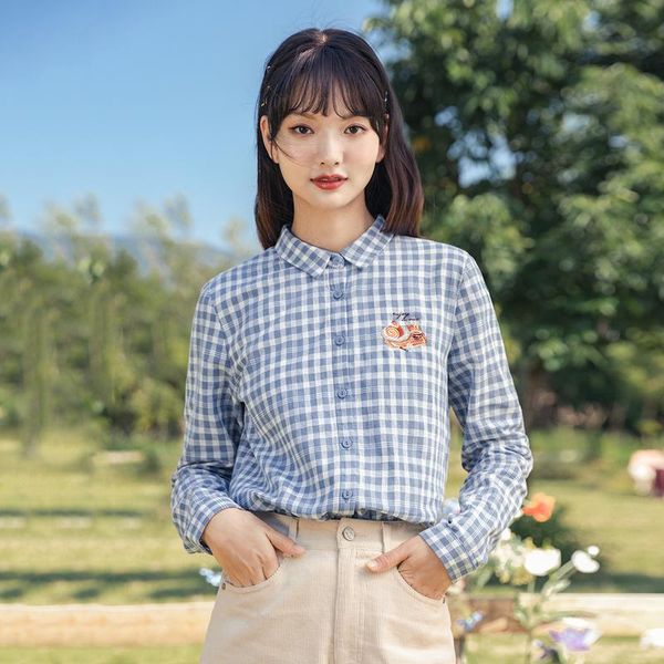 

spring arrival cotton lovely afternoon tea bright line embroidered plaid literature art long sleeve retro women's blouses & shirts, White