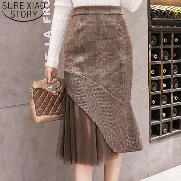 

autumn and winter korean splice womens skirts long a line solid ruffles casual mesh high waist skirt for women 7877, Black