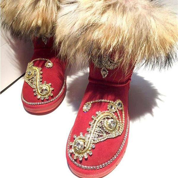 

boots 2021 winter gold diamond plus velvet fur shoes leather tassel diy custom snow women's, Black