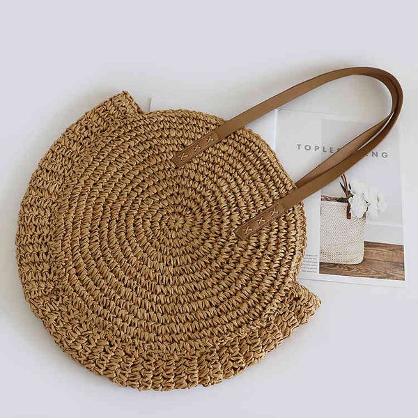 

design 2021 bohemian round straw one shoulder tote women's holiday beach woven pu handbag, Red;black