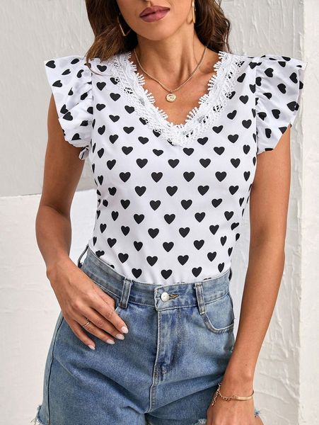 

allover heart print flutter sleeve guipure lace detail blouse w7jg#, White