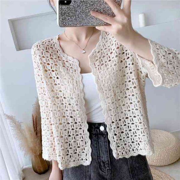 

fashion summer knitted lace women sweater beach coat hollow out crochet three quarter sleeve short small shawl cardigans l188, White;black