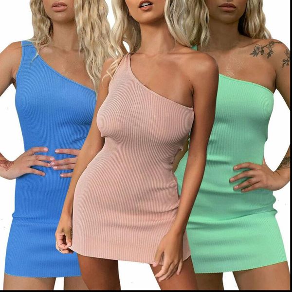 

fashion women dress solid sleeveless ribbed bodycon slim off one shoulder bardot jumper summer mini ladies, Black;gray