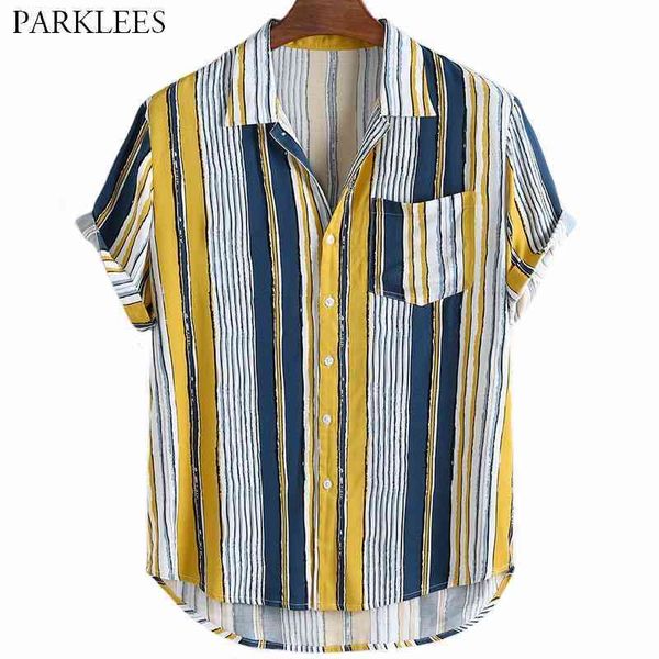 Vertical listrado verão mens camisa casual camisas soltas para homens com bolso frontal plus tamanho Hawaiian férias roupas 210524